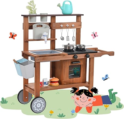 Miniatura 9 de OLLIKIVI Cocina de barro para niños al aire libre, cocina de juego de madera con fregadero extraíble, grifo, estantes de almacenamiento, patio