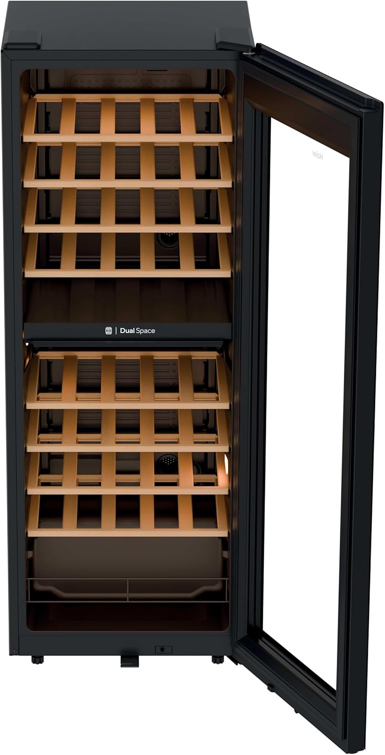 Haier Wine Bank 50 Series 5 HWS56GDG wine cooler with door open, showing empty wooden shelves.