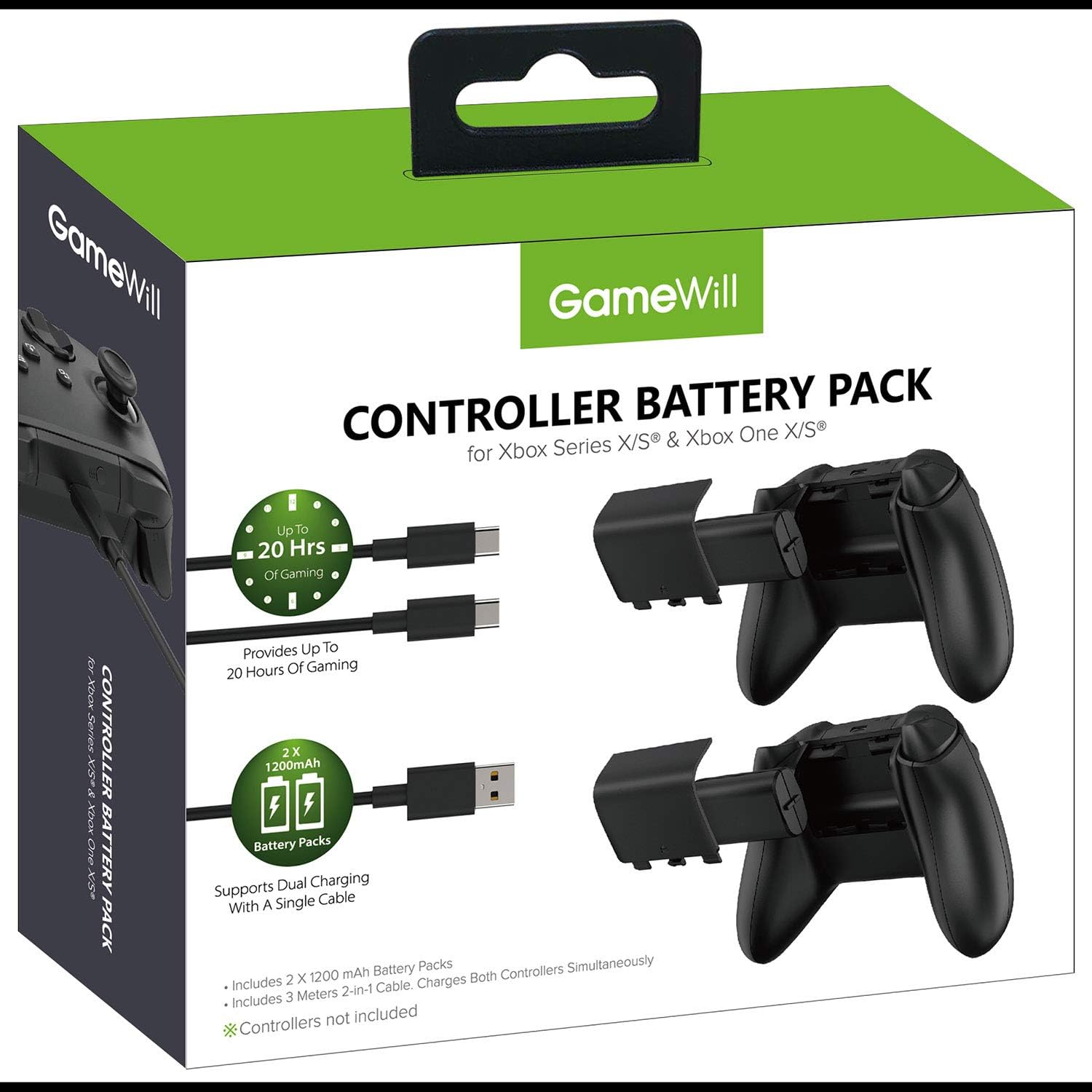 GameWill Rechargeable Controller Battery Pack [2-PACK] with [1200 mAh HIGH POWER capacity] for Xbox Series X and Series S (also compatible with Xbox Series One X/S) - Black