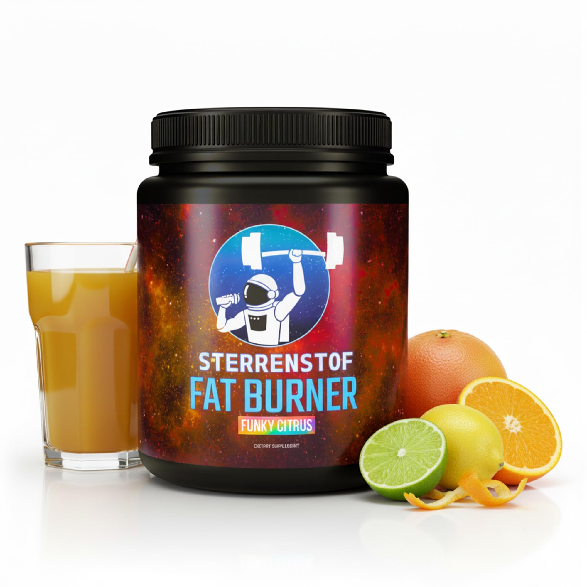 Sterrenstof Fat Burner – Funkige Zitrusfrüchte – Fettverbrenner Appetitzügler mit L-Carnitin, L-Tyrosin, L-Theanin, Grüntee-Extrakt, Koffein – Schnell abnehmen, Diät, 300g Pulver, 50 Portionen