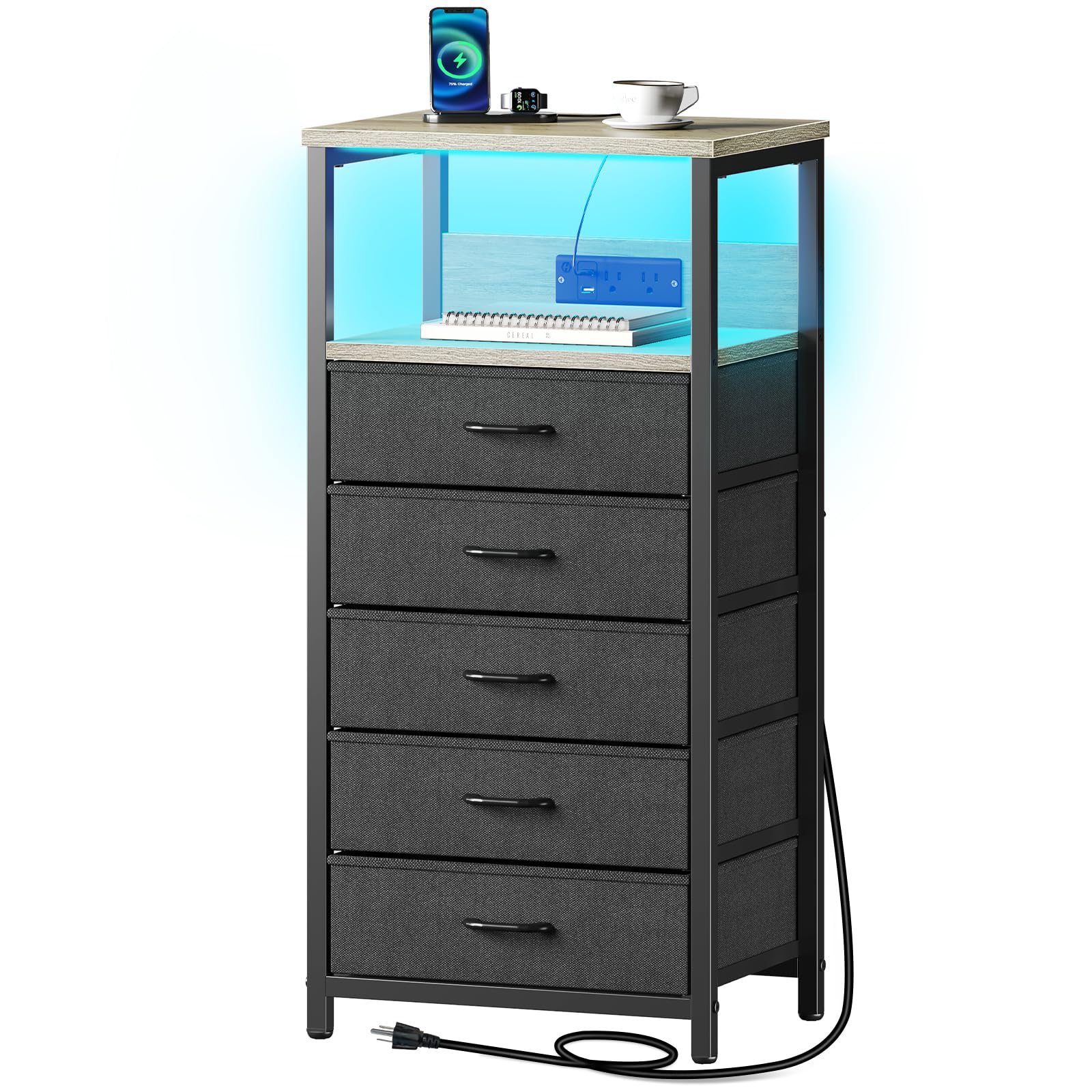 Seventable Night Stand with Charging Station, Tall Nightstand with 5 Fabric Storage Drawers, Side Table with LED Light for Bedroom, Entryway, Greige