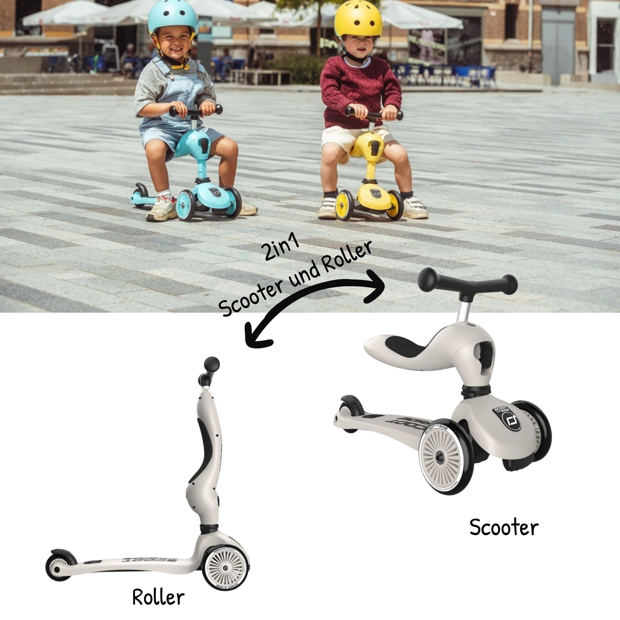 Scoot and Ride Highwaykick 1 Ash personalisierbar – 2in1 Kinderroller & Laufrad – Roller ab 1 Jahr bis 5 Jahre – Höhenverstellbar & Kippsicher – Premium Kickroller für Kinder