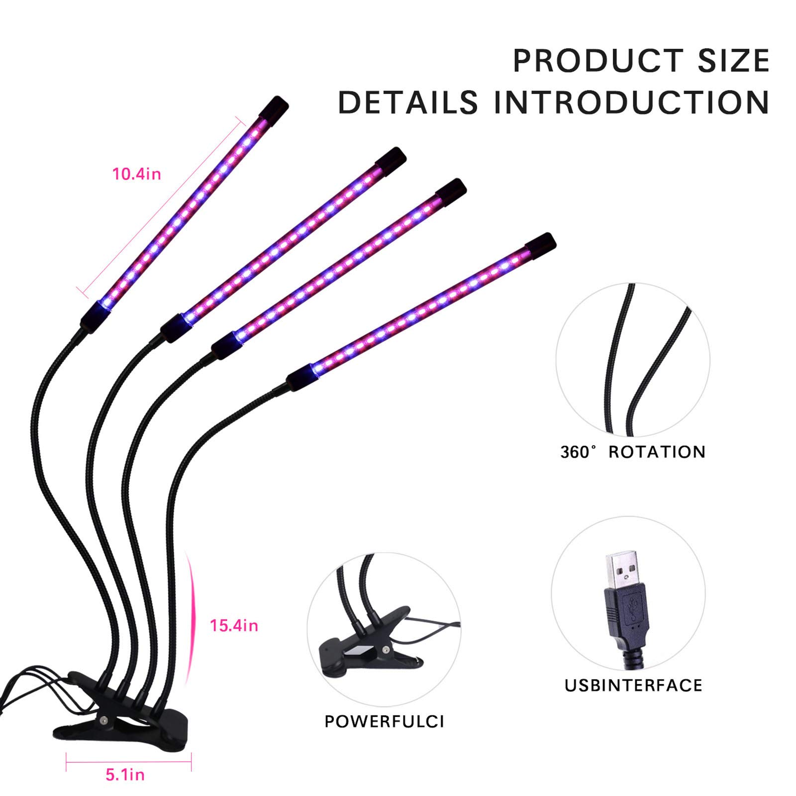 LAI HO Lámpara De Cultivo De Espectro Completo con Temporizador De Encendido Y Apagado Automático, Lámpara De Cultivo De Cuello De Cisne Ajustable para Plántulas Y Suculentas (Estilo Clip)