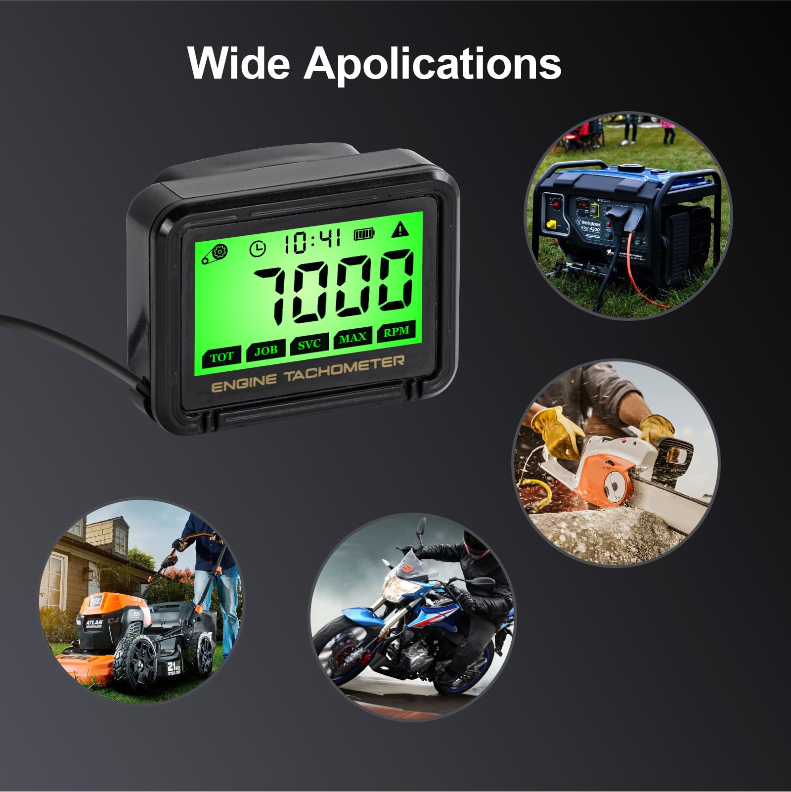 Tacómetro de motosierra, tacómetro LCD con inducción inalámbrica, velocímetro RPM, motor de gasolina, función de mantenimiento de visión nocturna, para motocicleta, cortacésped, moto de nieve