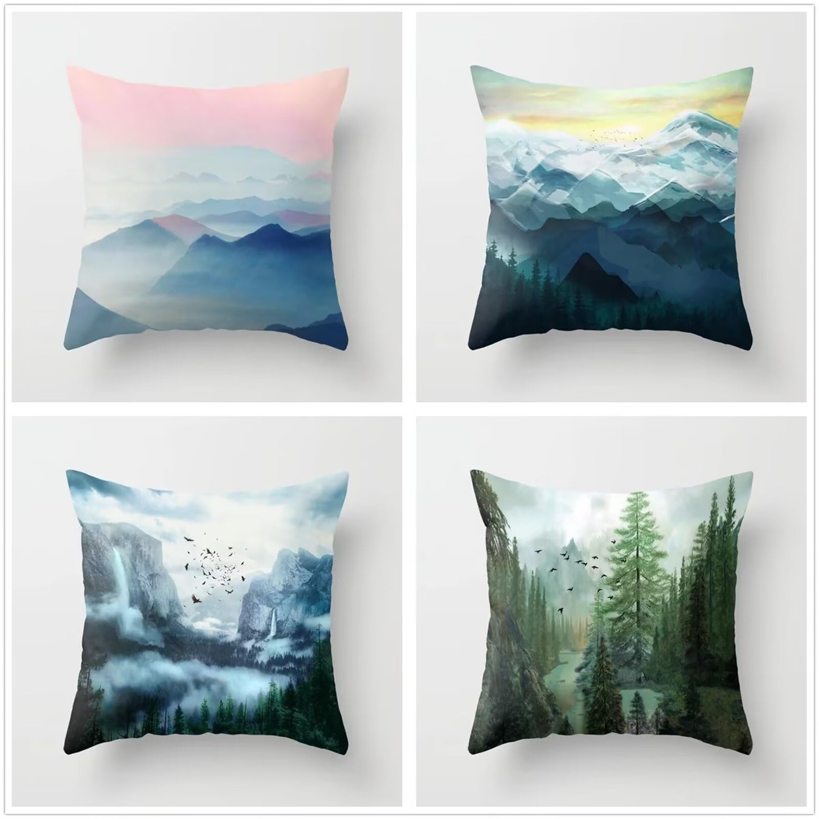 Juego de 4 Impermeable Funda de Cojín Hermosas montañas forestales,65x65cm Moderno Suave Transpirables Lino Fundas de Almohada Cojines Decor con Cremallera Oculta para Exterior Sofá Cama Coche Hogar