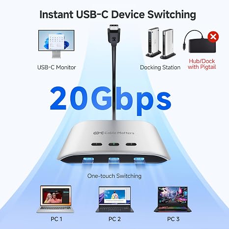 Cable Matters 20Gbps USB C KVM Switch, 3-in-1-Out, 140W PD Charging | 8K@30Hz on Windows, 4K@60Hz on macOS, Shares USB-C/Thunderbolt 4 Monitor or Dock, Not for Captive Cable Docks/Adapters