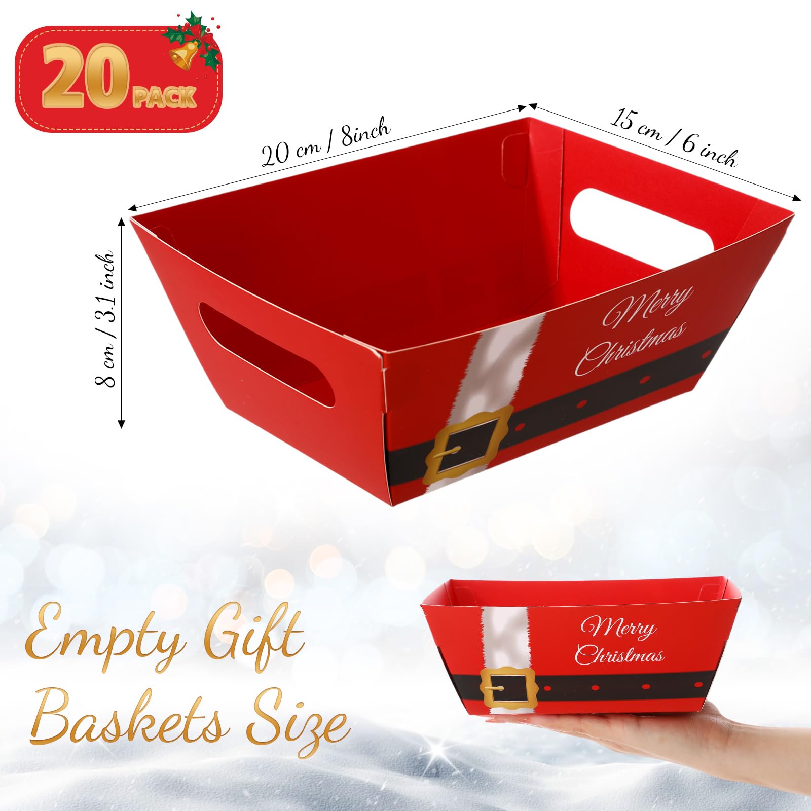 Fulmoon 20 juegos de cestas de Navidad para regalos, cestas vacías de regalo de Navidad, cesta de regalo vacía de papel kraft con asas, lazos transparentes, bolsas de regalo de rafia para boda,