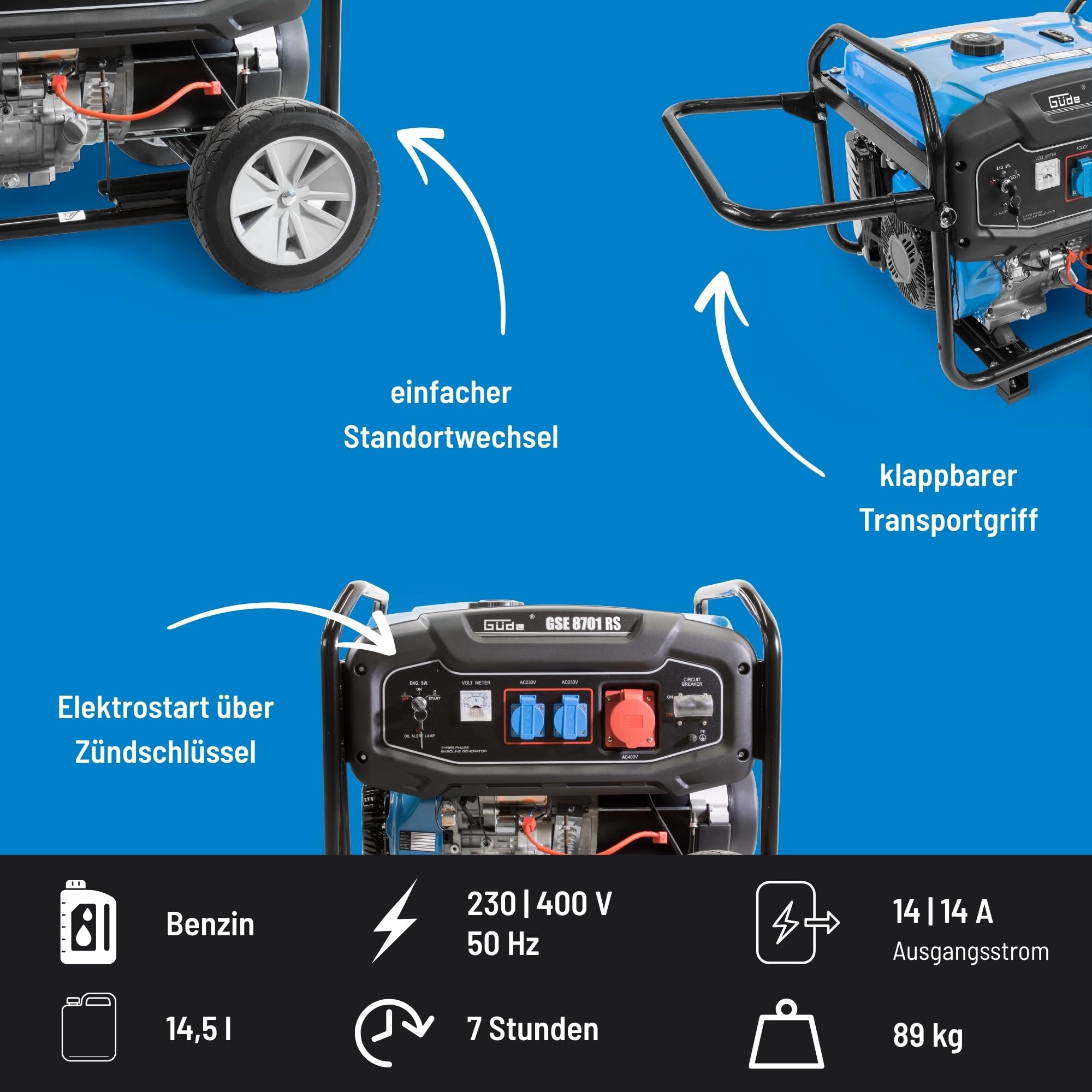 GÜDE GSE 8701 RS - Generatore 7800W con maniglia e ruote per il trasporto