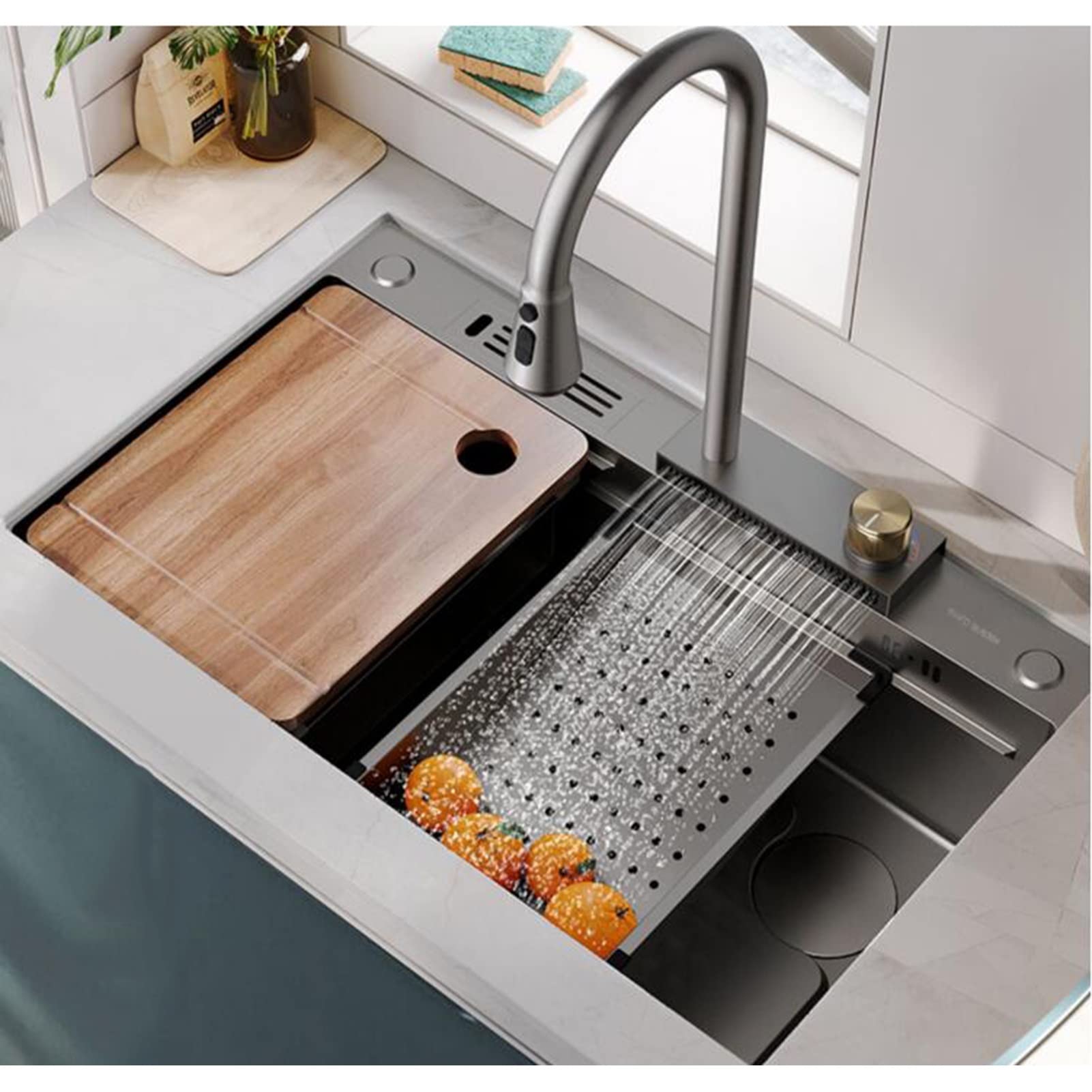 ZQFHSX Kitchen Sink, Single Bowl ​Nano Raindance Waterfall Sink Home 304 Stainless Steel Drop-in Undermount, Easy To Clean