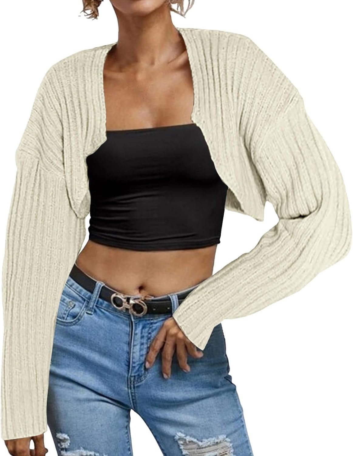 Womens Cropped Sweater Cardigan Fall Trendy Knit Open Front Lightweight Coat Casual Batwing Sleeve Loose Shrug Sweaters