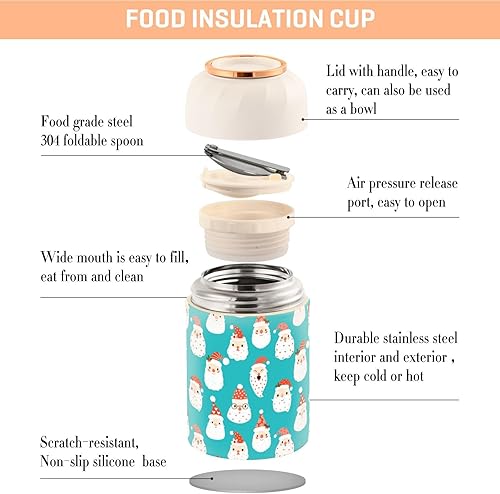 Miniatura 4 de MCHIVER Christmas Cute Santa Food Jar with Spoon Stainless Steel Vacuum Insulated Food Container 17 oz Food Thermos for Lunch
