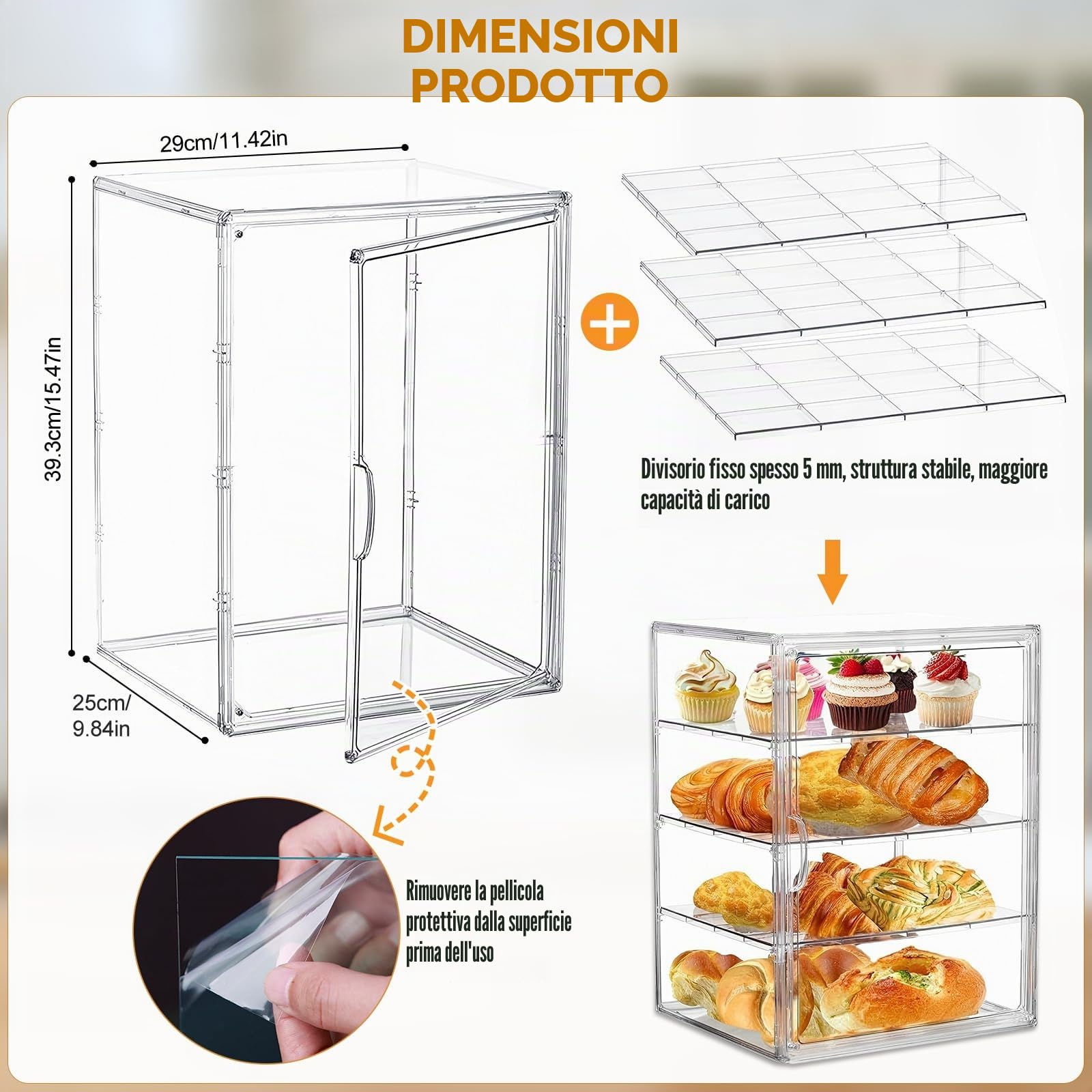 Espositore per pasticceria, contenitore per pane per piano di lavoro della cucina, vetrina per pasticceria, 4 strati, regolabile, trasparente, con porta magnetica, espositore per panetteria