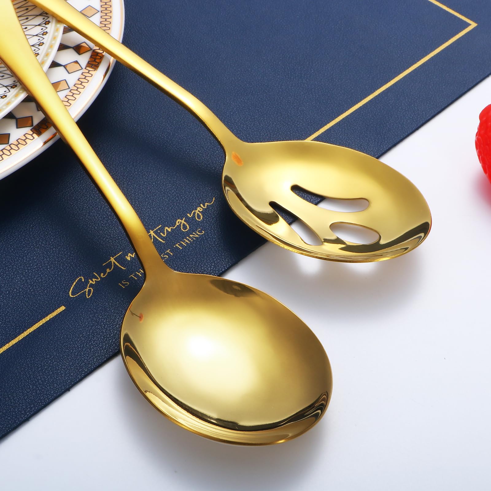 Utensilios de servir dorados, juego de 8 piezas de acero inoxidable con cucharas de servir, tenedor de servir, cucharón de sopa, servidor de lasaña, servidor de pasteles, juego de utensilios de servir