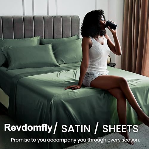 Miniatura 4 de Revdomfly Juego de sábanas de satén de lujo de 4 piezas de tamaño matrimonial, 1 sábana bajera de alta calidad que absorbe la humedad que se adapta
