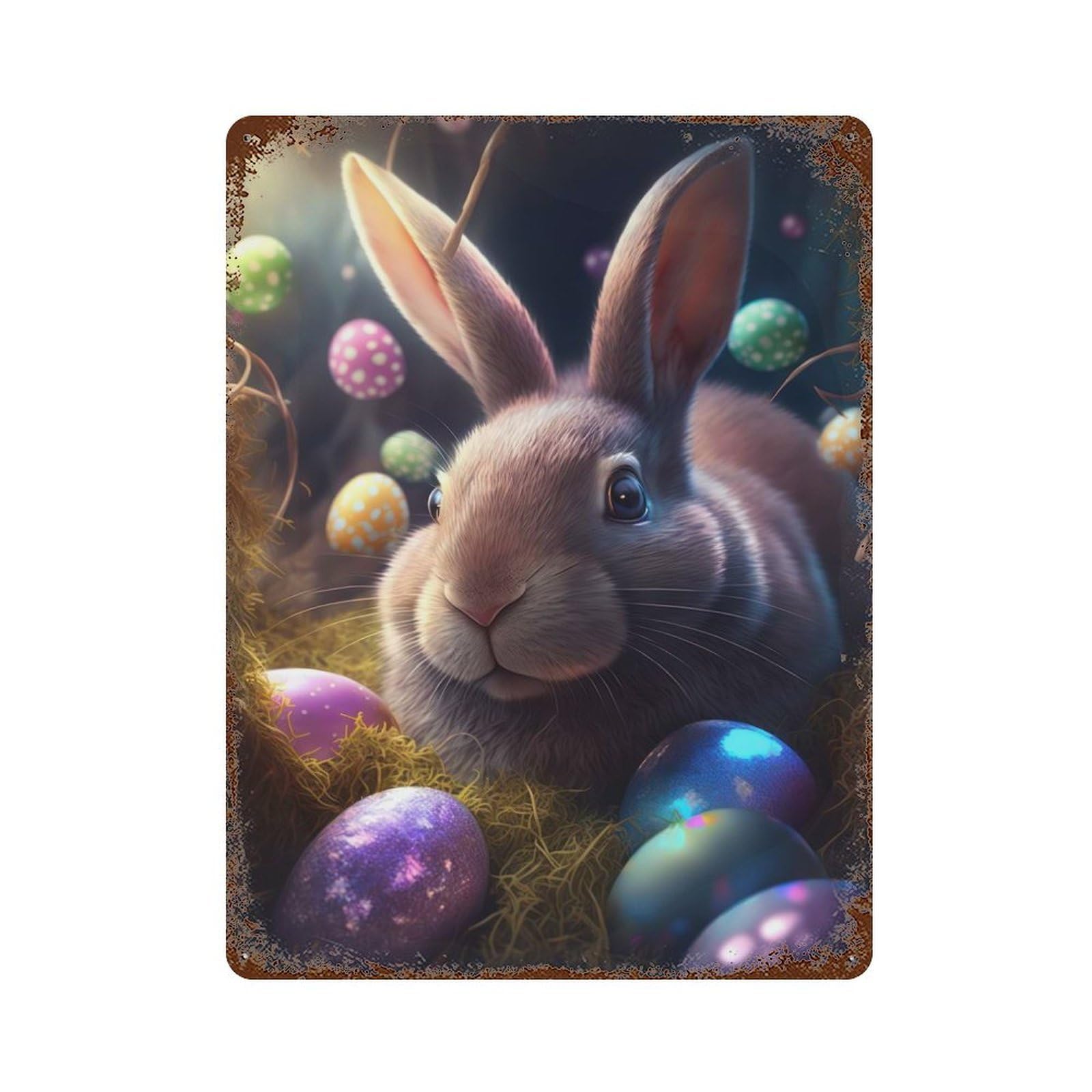 Garage Style Easter Bunny VIII Aged Metal Wall Plaque 15.7"x11.8", Decorative Metal Wall Art for Bar And Workshop