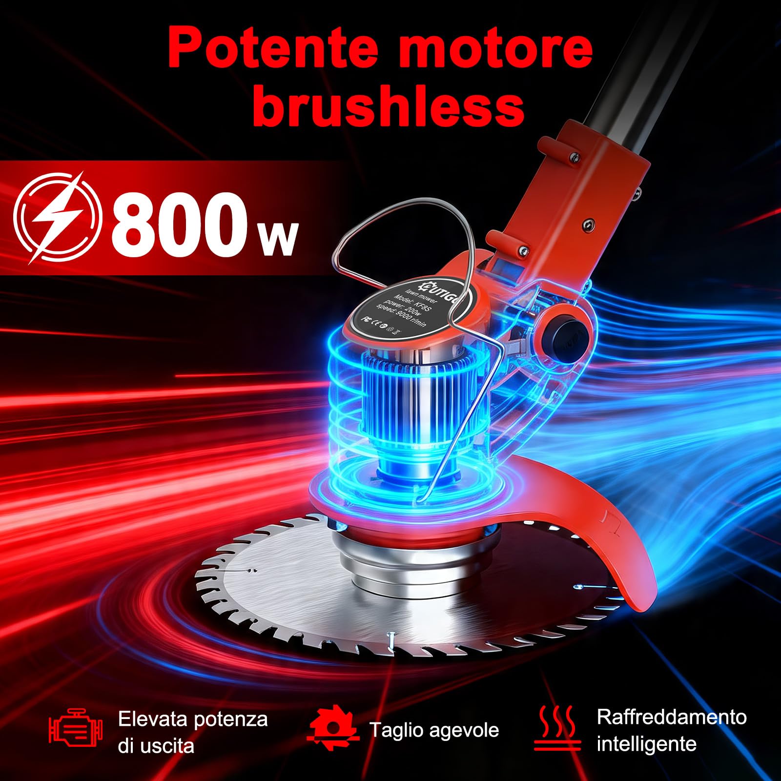 OUTIGO Tosaerba a batteria, Dotato di due batterie da 21 V, 4 lame, tosaerba triplo pieghevole, tosaerba da giardino a batteria per prati, arbusti e cespugli.