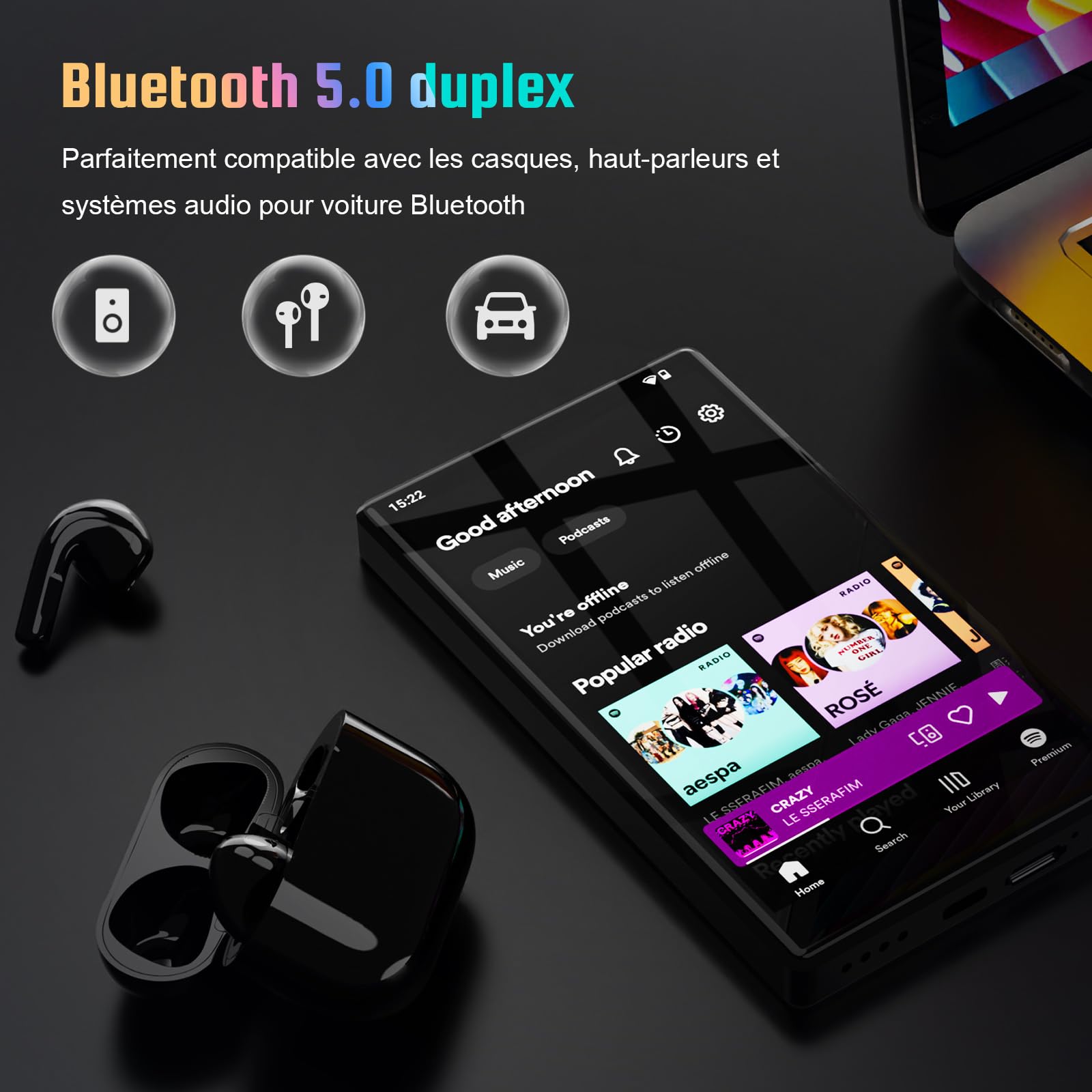 Lecteur MP3 32 Go avec Bluetooth et WiFi, Lecteur MP3 5" avec système d'exploitation Android 13, Lecteur MP4 HD 1080P, Lecteur de Musique préchargé avec Spotify, Audible et Play Store