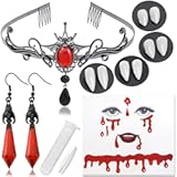 6 Pcs Goth Vampire Accessories with 4 Sizes Vampire Fangs Dark Bat Vampire Earrings Vampire Red Stone Comb Headpiece Tiara Halloween Costumes Makeup Props for Women Party Cosplay
