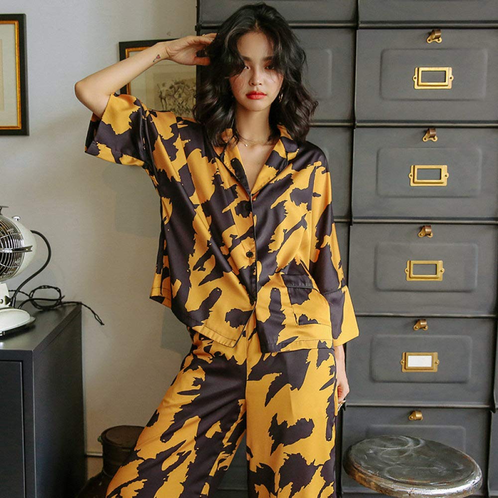 Pijamas De Mujer,Conjunto De Pijama De Satén De Seda Para Mujer,Ropa De Dormir De Primavera Y Verano,Estampado Abstracto,Manga 3/4,Dorado,Negro,Se Puede Usar Al Aire Libre,Ropa De Dormir,Ropa De Dor