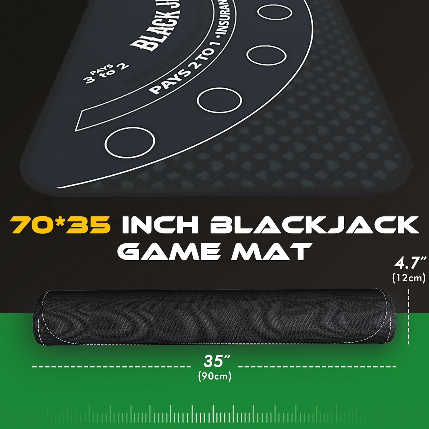 Blackjack Mat 70" x 35" Blackjack Table Top Mat 21 Black Jack Mat for Casino Table Rubber Poker Mat with Storage Bag 6 Coasters for Casino Games