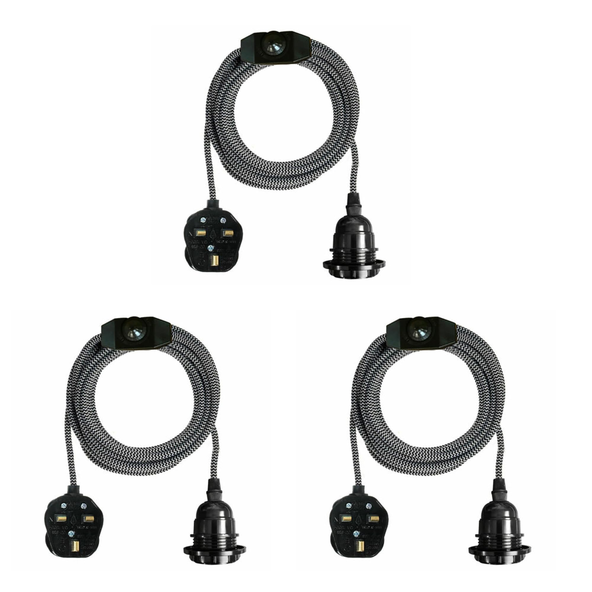 Plug In Pendant Light Ceiling Light Fitting E27 Lamp Holder Suspended Black and White Fabric Cable With On/Off Switch-UK Plug Lamp Kit For Home Decor (3Pack Black & White)