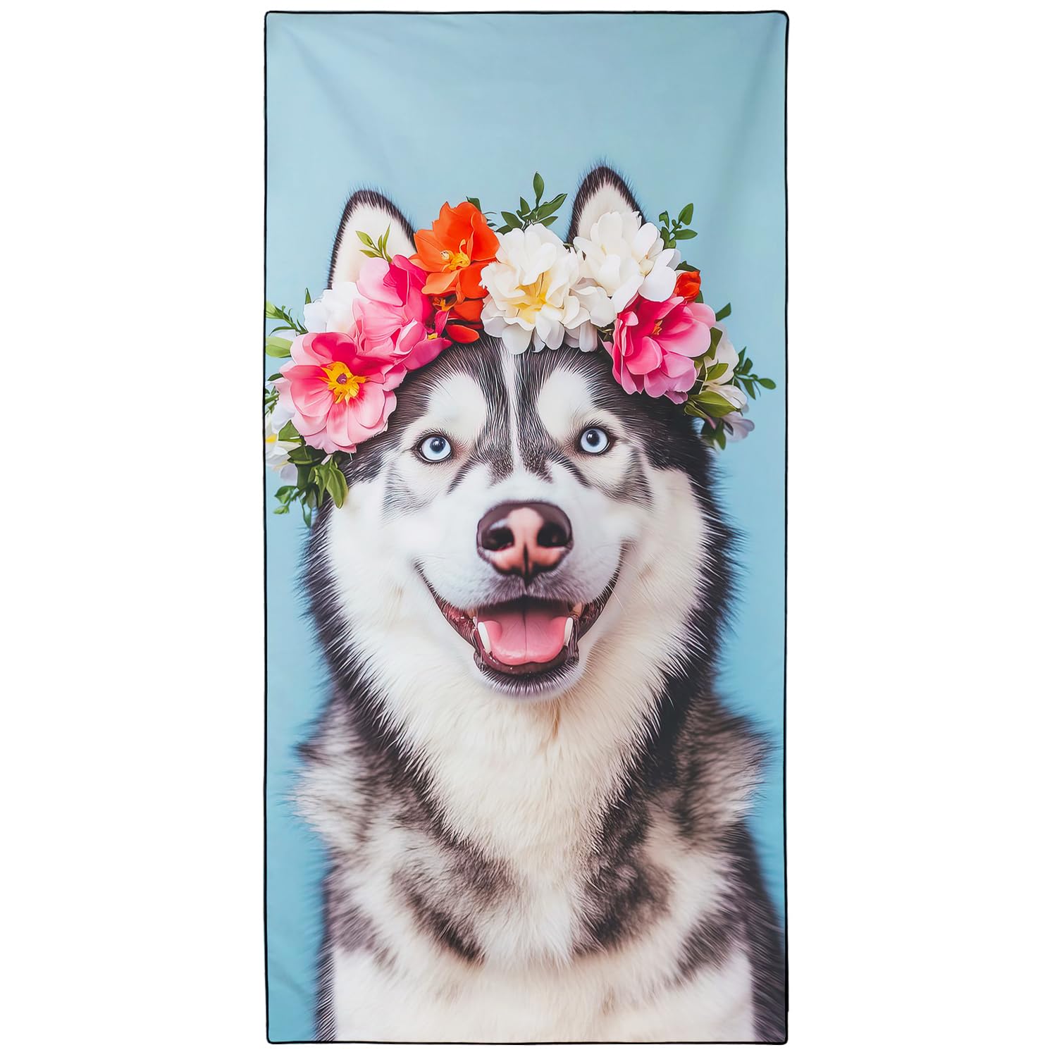 Violetpos Floral Wreath Husky Beach Towel for Dog Lovers, Extra Large 180x90 cm 250GSM Microfibre, Sand Free Quick Dry, Ideal Vacation Gifts with Carry Bag for Pool Cruise Camping — image 1