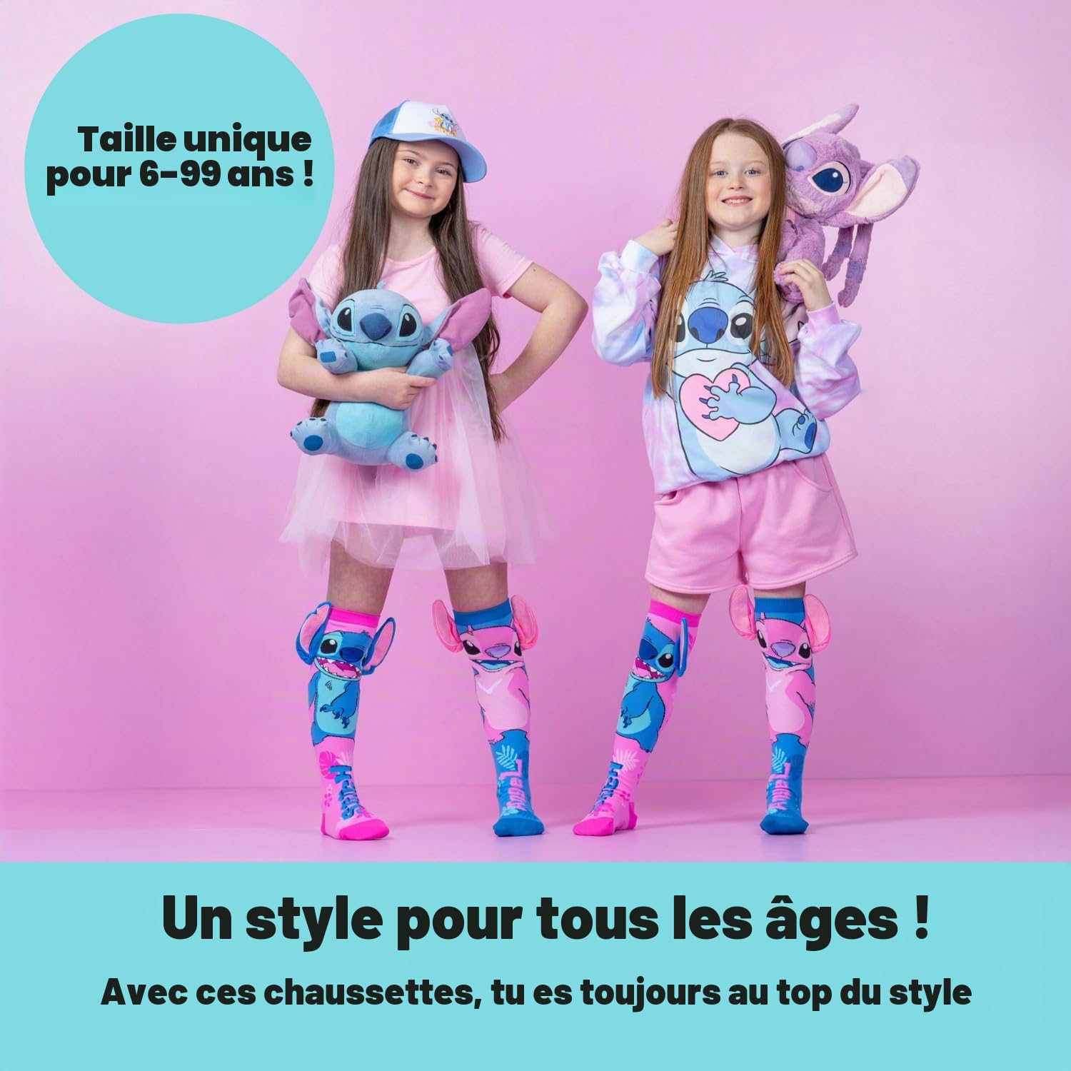 Madmia Chaussettes Stitch Hawaii : chaussettes colorées avec applications 3D, pour enfants et adultes de 6 à 99 ans (29014MM), Bleu/rose, 6-99