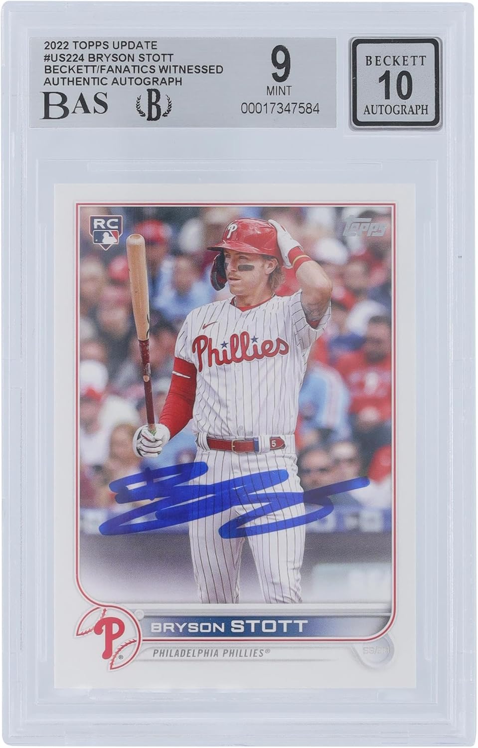 Bryson Stott Philadelphia Phillies Autographed 2022 Topps Update #US224 Beckett Fanatics Witnessed Authenticated 9/10 Rookie Card - Baseball Slabbed Autographed Cards