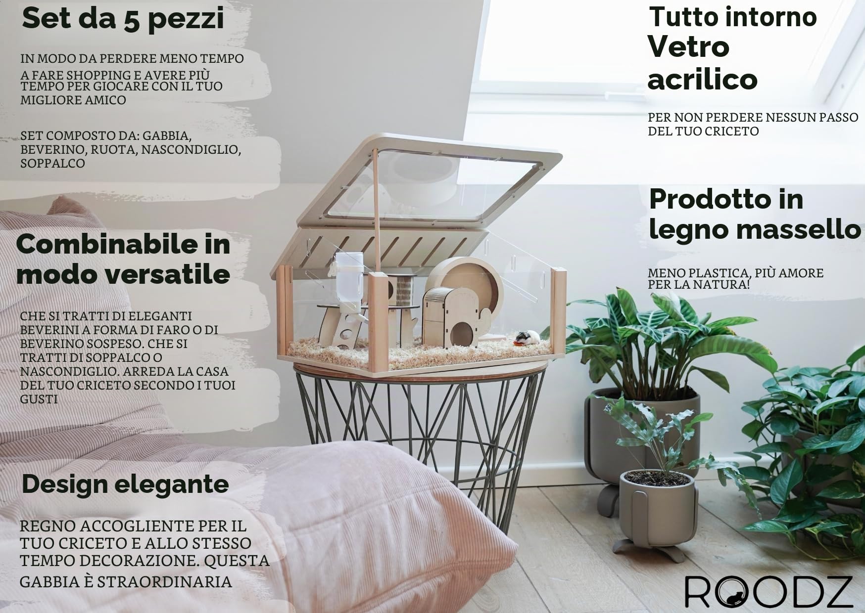 Roodz Set di 5 gabbie per criceti di design – gabbia moderna in legno e vetro acrilico, inclusi accessori per gioco e comfort
