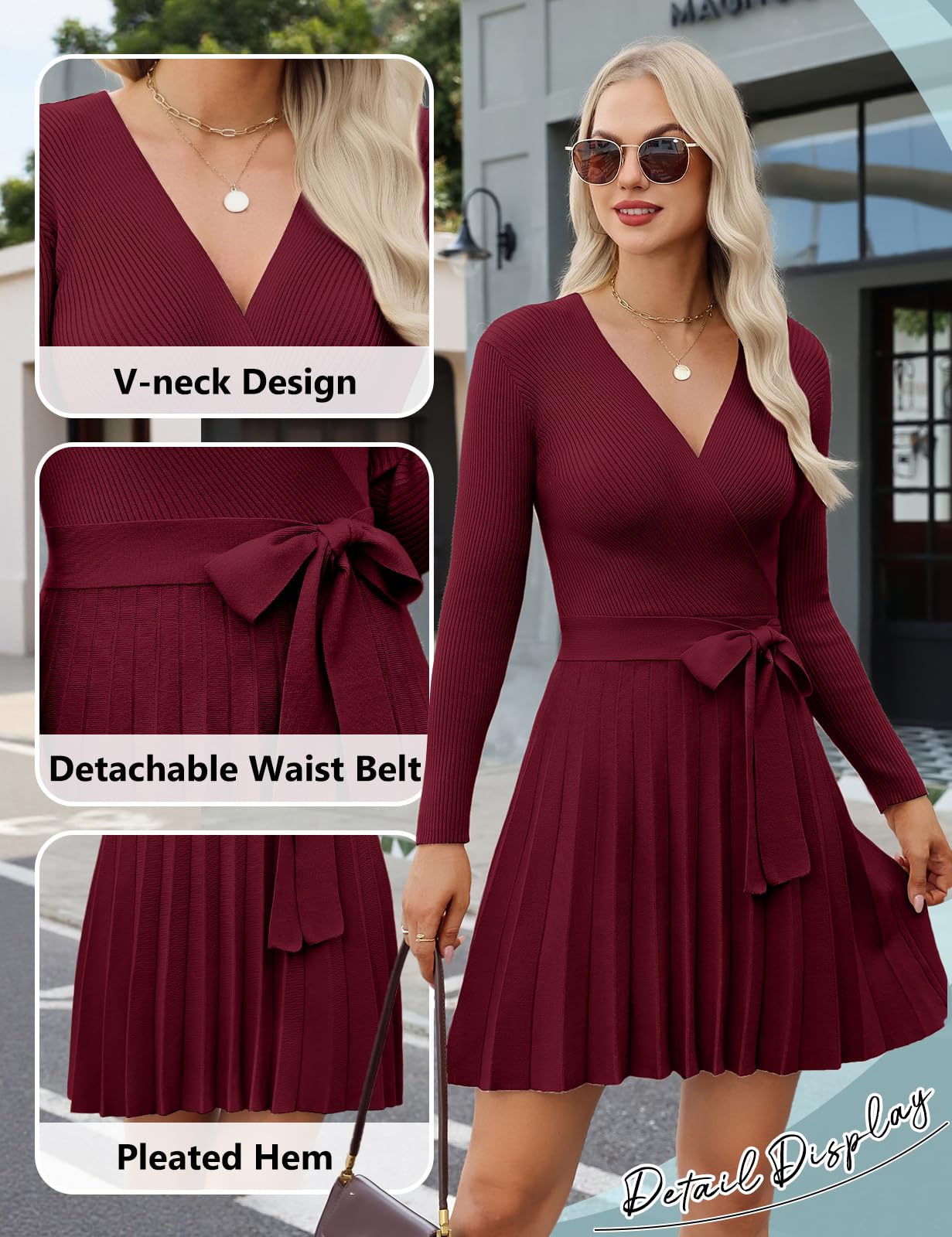 Vestido Invierno Mujer Suéter de Punto Vestido Elegante Manga Larga Cuello en V Vestidos de Fiesta A-Line Mini Cintura Alta Casual Jersey Túnica para Otoño