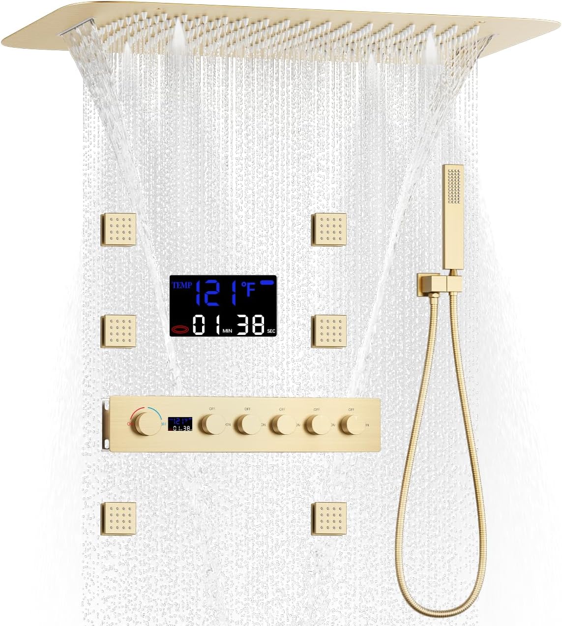 AYIVG Brushed Gold Digital Display Shower System Multi Functions Full Body Shower System 16 * 24 Inches Shower Fixtures Set with 5 Function LCD Display Thermostatic Shower Valve