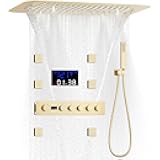 AYIVG Brushed Gold Digital Display Shower System Multi Functions Full Body Shower System 16 * 24 Inches Shower Fixtures Set with 5 Function LCD Display Thermostatic Shower Valve