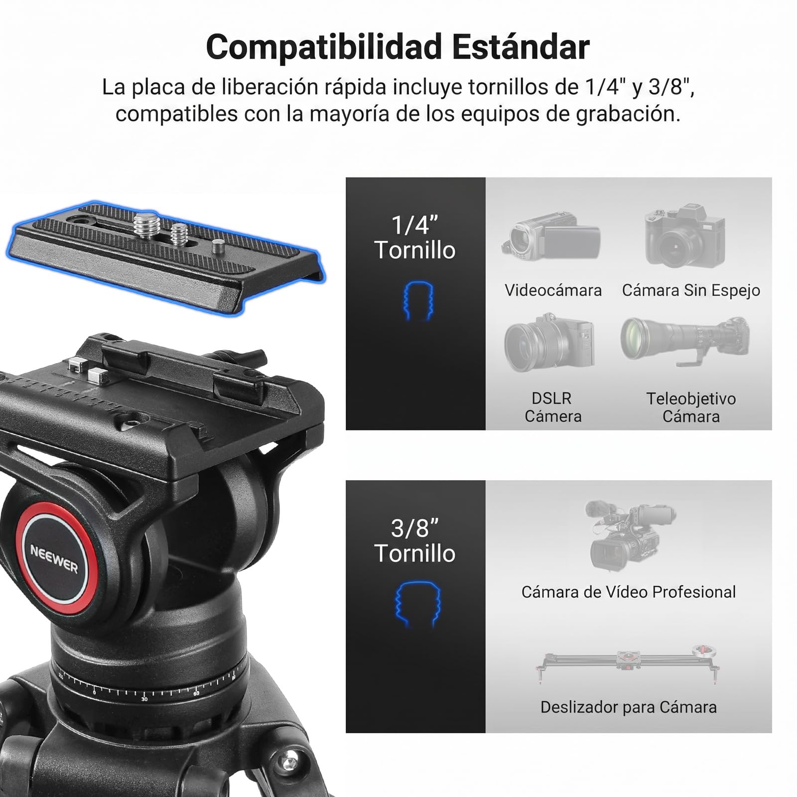 NEEWER 74" trípode de vídeo con Cabeza fluida,QR Placa Compatible con dji RS cardanes,Aluminio Resistente trípode cámara Profesional cámaras DSLR videocámaras,Carga máxima 17.6lb/8kg TP74