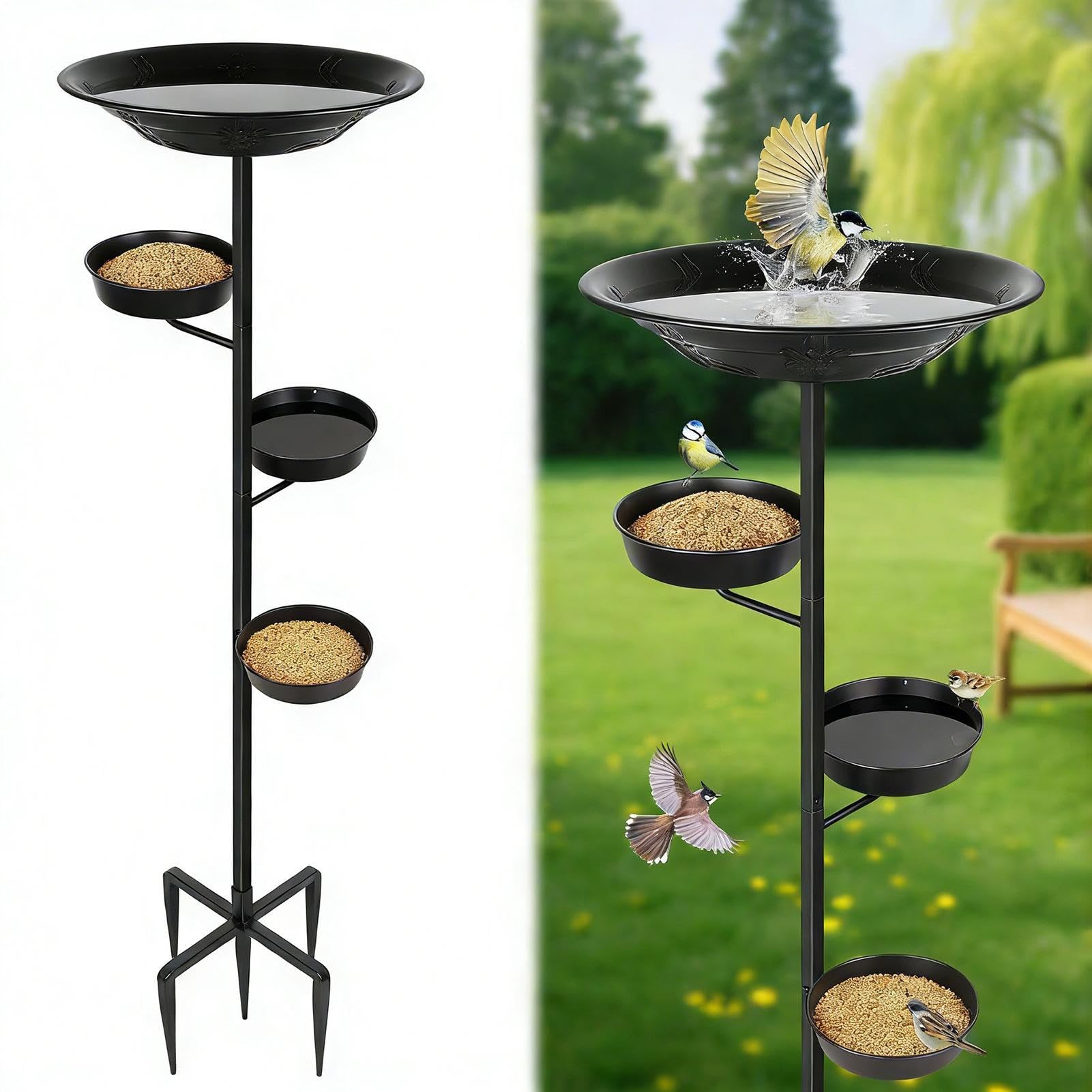 Pila o Baño para Pájaros de Metal con Estacas, Múltiples Niveles, Elegante | y Bebedero para Aves Silvestres de Exterior para Jardín, Patio, Terraza y