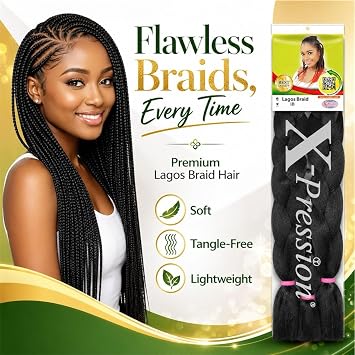 Xpression LAGOS BRAID Pre-Pulled Hair Extension, Braiding Hair, 42″ & 46″ Pack, (Colour 1B, Natural Black), pack of 4
