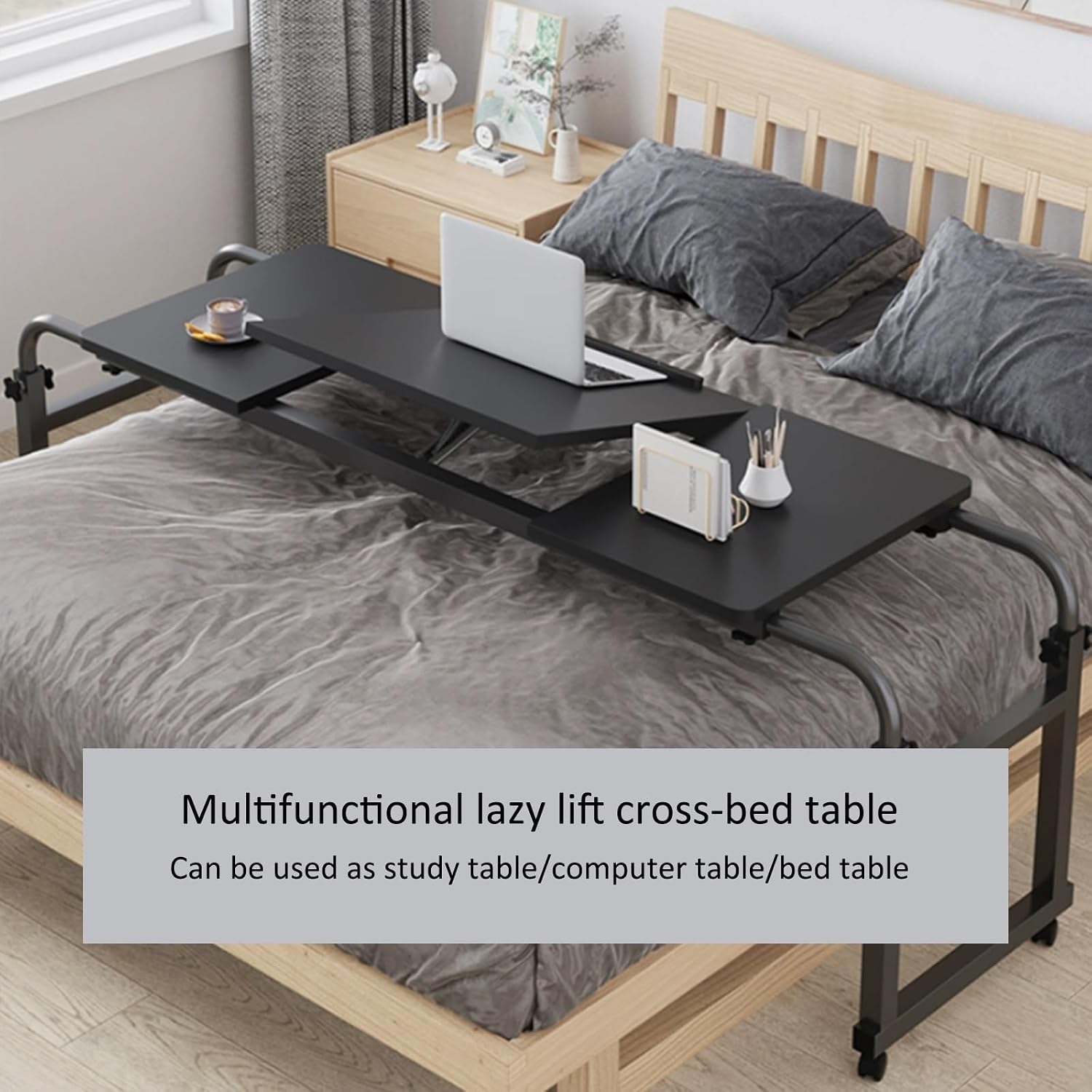 Adjustable Height Overbed Table with Wheels for Laptop and Writing Rolling Bed Desk Side Table Tray 120 * 46cm Black