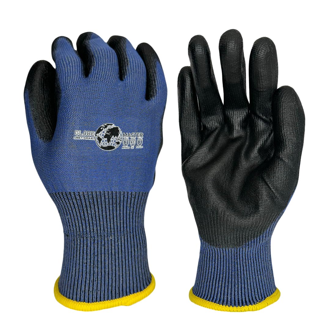 GMB-T15454 Blue 15 Gauge Filament Fiber Knitted Liner with Oil-Based PU Palm Coating A5 Cut Resistant Gloves (12 Pair)