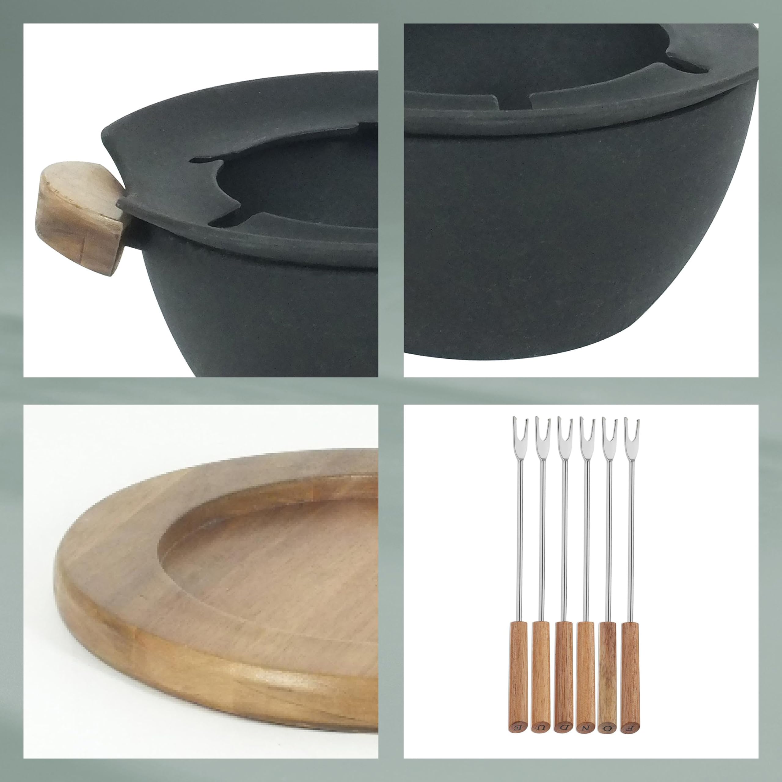 kela Fondue-Set Country, 11-teilig, Durchmesser 27 cm, 1 L, emailliertes Gusseisen, schwarz, Topf, Brennpastenbrenner, Rechaud, Spritzschutz, Untersetzer aus Akazienholz, 6X Fonduegabeln, 16644