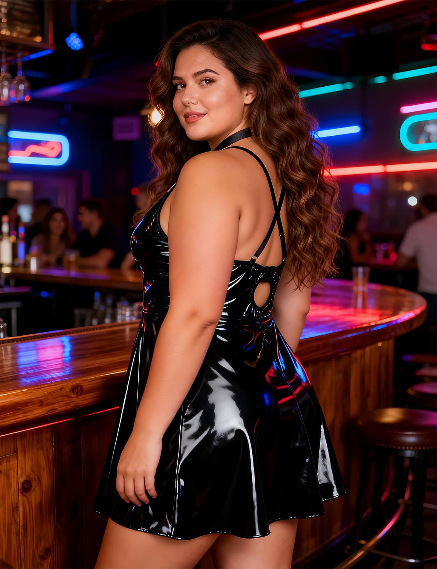 ohyeahlady Grande Taille Robe Sexy Femme Erotique Simili Cuir Mini Robe Courte Moulante Robe Club Libertin Chic Robe Soirée Col V Ensemble Lingerie avec Ras de Cou Tenue Sexy Pute Wetlook Bodycon