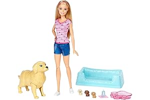 Barbie Newborn Pups Doll and Pets Playset: Includes Brunette Doll with 1...