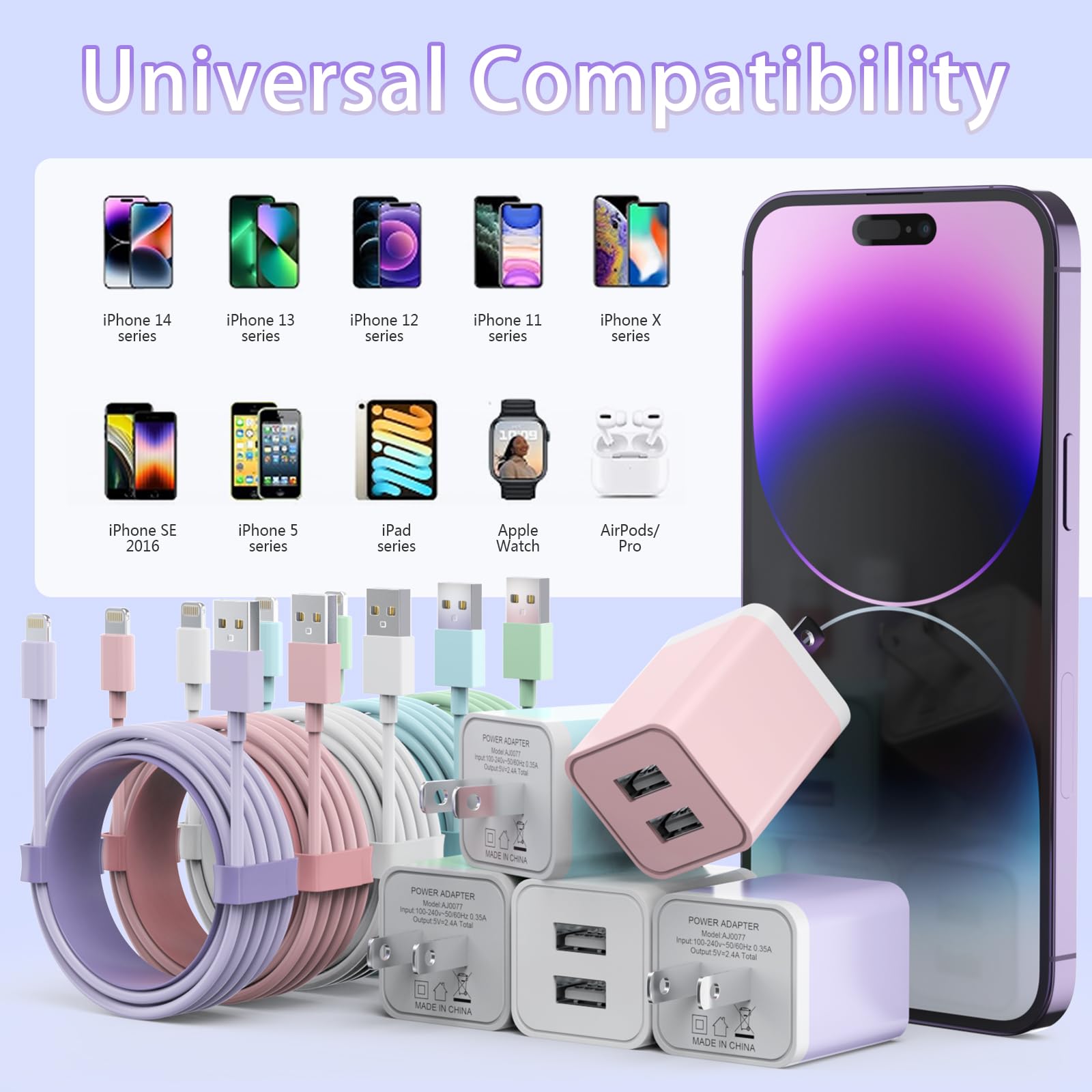 iGENJUN - Cargador para iPhone, cargador de pared USB de doble puerto con cable Lightning 14, 13, 13, 12, 11, Pro Max XR XS Plus, multicolor