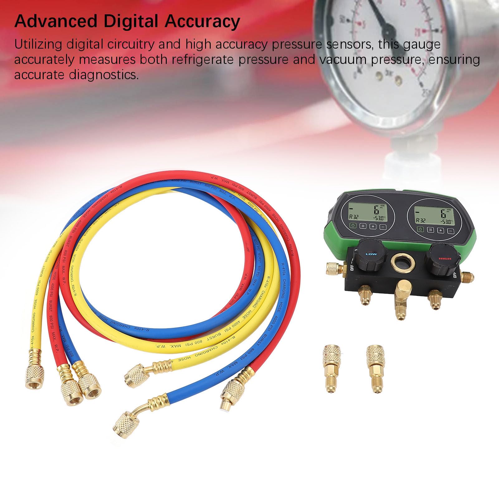 Manómetro Digital para HVAC, Kit Recarga Refrigerante con Base 90 Gases, Rango 6000kPa, 3 Mangueras, Estuche ABS para Reparación Aire Acondicionado, Detección Vacío y Fugas