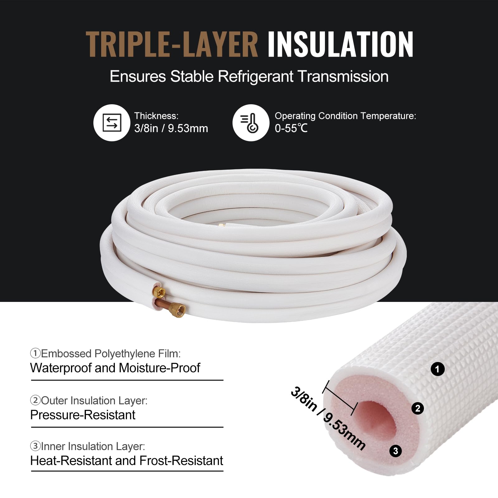 VEVOR 50FT Mini Split Line Set, tubi in rame con diametro esterno da 3/8" e 5/8" e isolamento per aria condizionata, refrigerante o pompe di riscaldamento e HVAC con strisce di avvolgimento.
