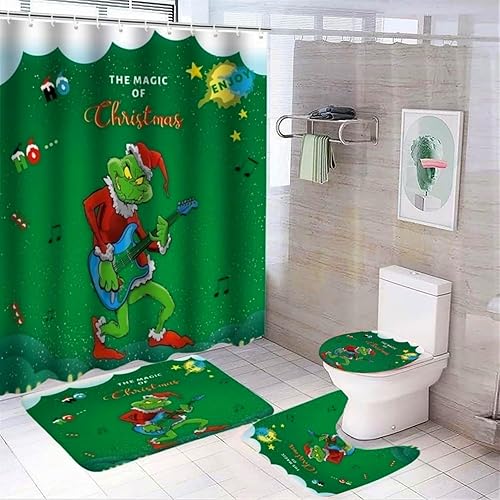Miniatura 1 de Juego de 4 cortinas de ducha navideñas con alfombras antideslizantes, cubierta para tapa de inodoro y tapete de baño, juegos de baño de Navidad con