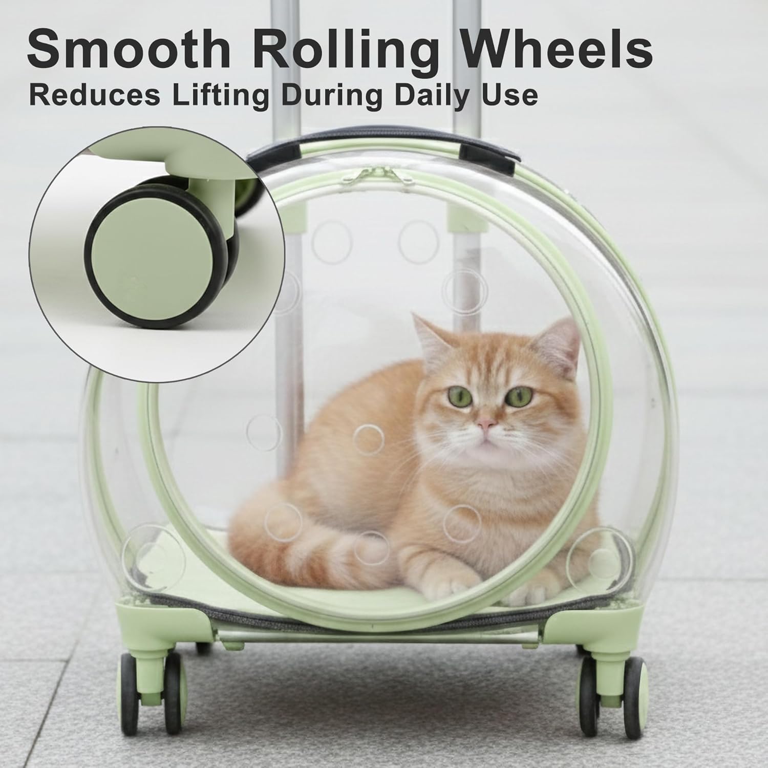 Hard Shell Cat Carrier with Wheels, Rolling Cat Travel Carrier with Telescoping Handle, Transparent Pet Carrier for Cats (Green)