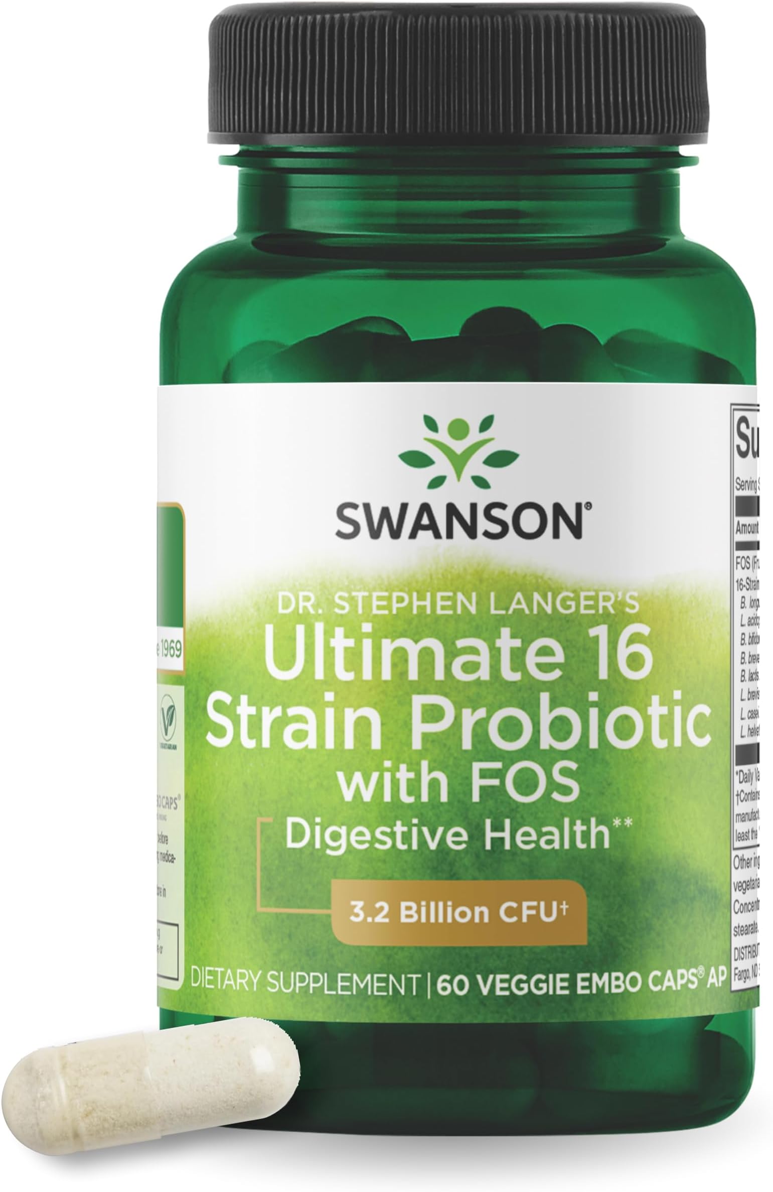 Swanson Dr. Stephen Langer's 16-Strain Probiotic with Prebiotic FOS for Gut-Health-Conscious Adults with 3.2 Billion CFU (60 Vegan Capsules)