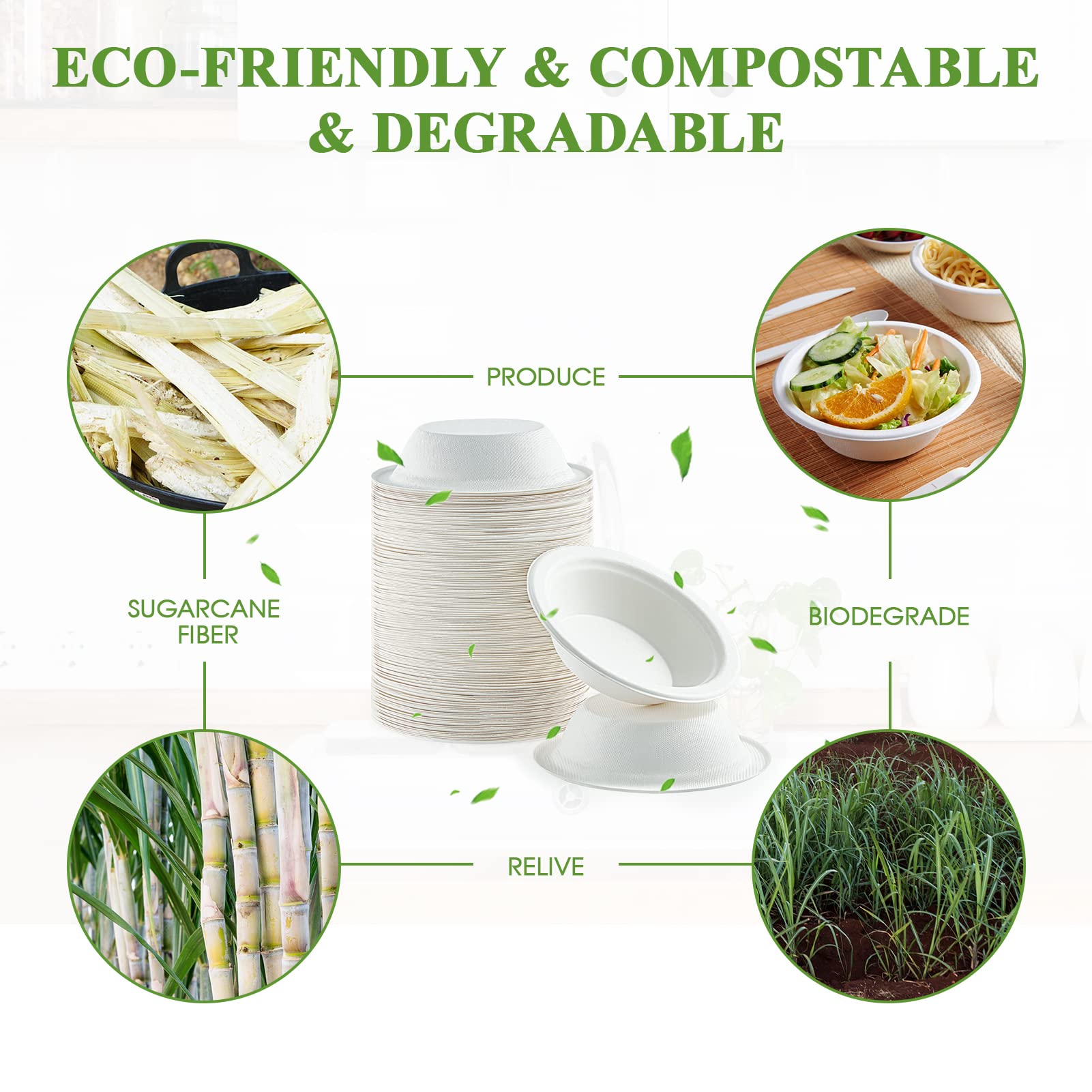 200 Stück 340 ml Papierschalen, kompostierbare Einweg-Schüsseln, umweltfreundliche Bagasse-Schalen, robuste Schüsseln, perfekt für Milch, Müsli, Snacks, Salate