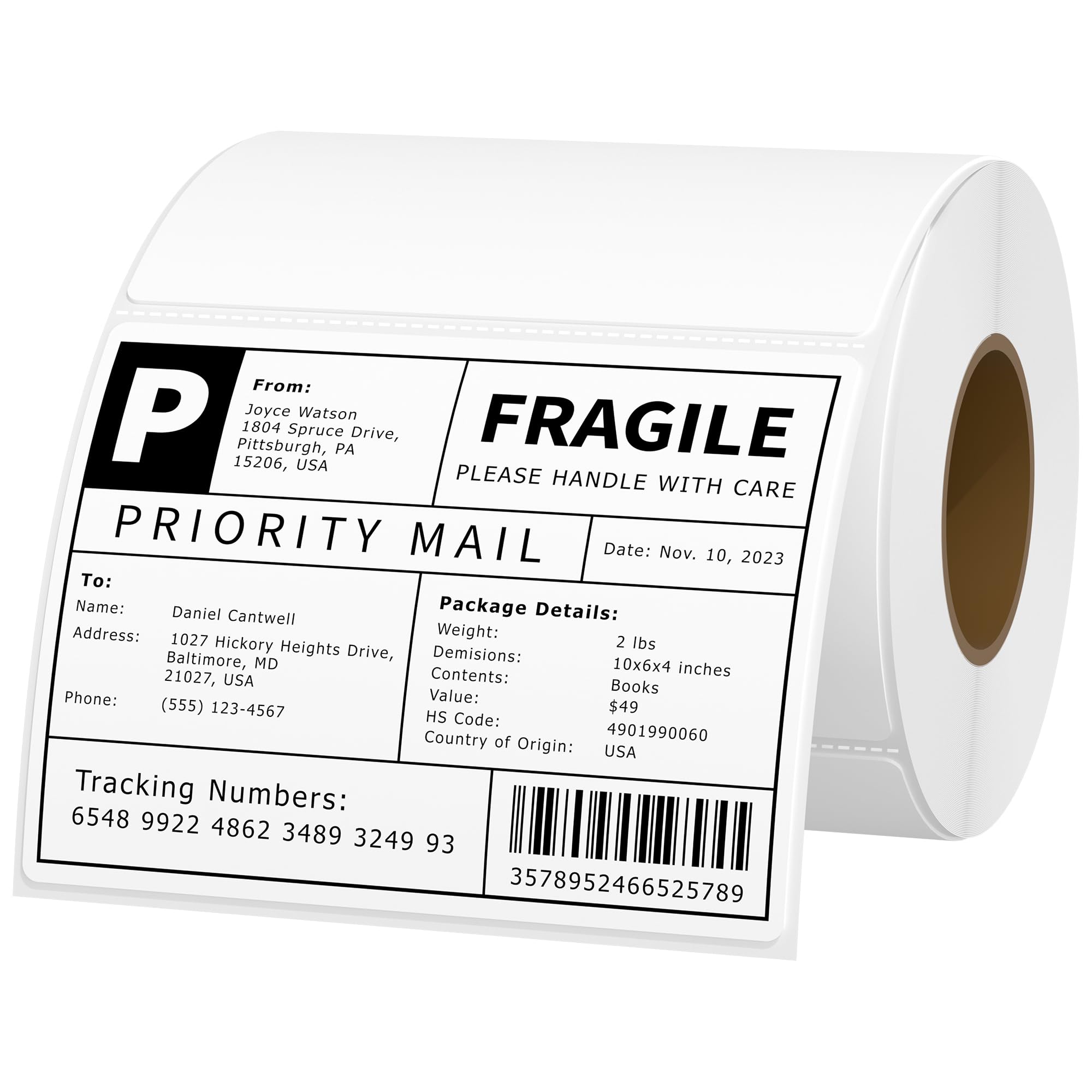 4x3 Direct Thermal Labels Adhesive Thermal Sticker Labels with Perforated Line, 500 Sheets/1 Roll, White, for Shipping Mailing Package Small Business