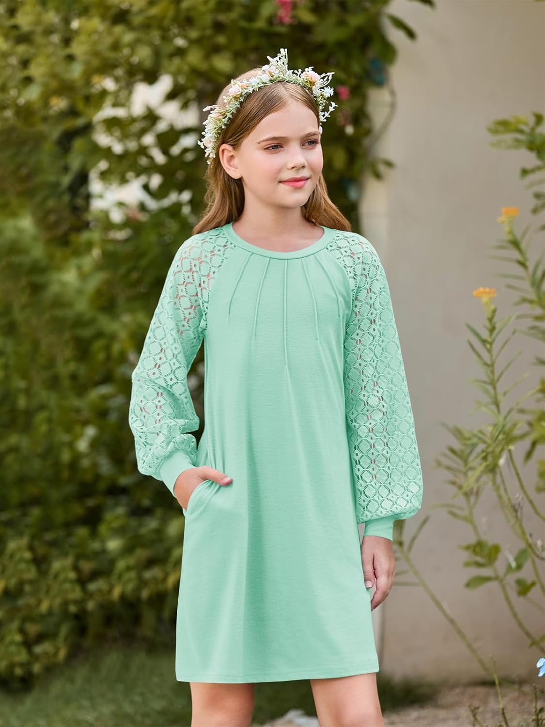 Haloumoning Girls Contrast Lace Long Sleeve Dress Kids Casual Pleated A Line Short Dresses with Pockets 5-14 Years - Image 4