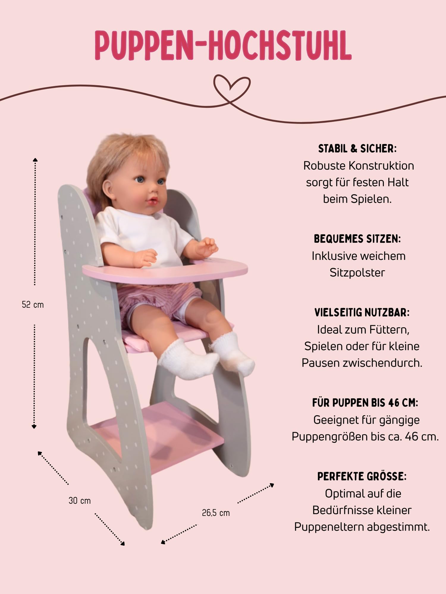 Bayer Chic 2000 - Seggiolone per bambole fino a 46 cm, seggiolone per bambole in legno, mobili per bambole, accessori per bambole, pois grigi